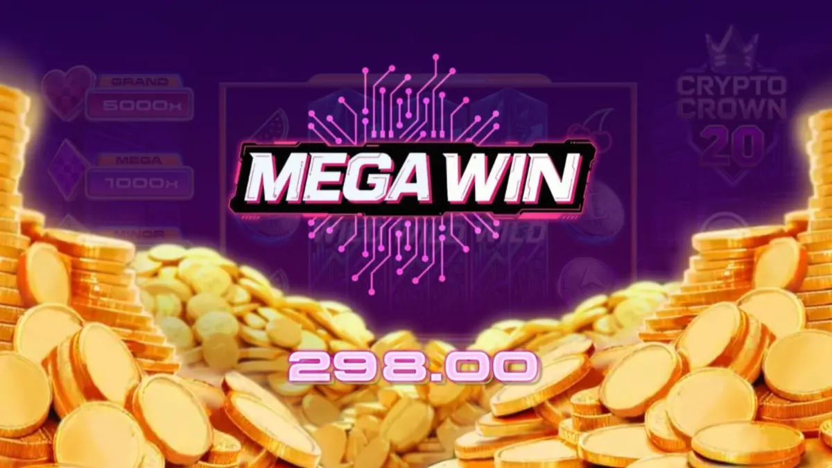 Giao diện trò chơi slot Crypto Crown 20 với các biểu tượng tiền điện tử và trái cây neon