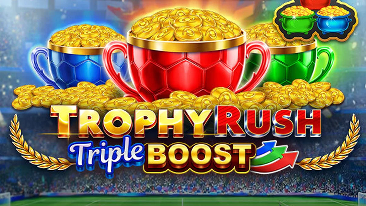 Giao diện trò chơi Trophy Rush Triple Boost với các biểu tượng đồng xu vàng và hệ thống jackpot